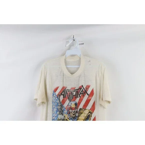Vintage 80s SThrashed Thin Anthrax Among the Living I Am the Law Band T-Shirt